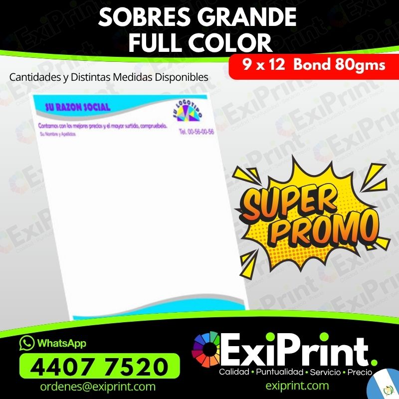 Oferta 100 Sobres Grandes a Full Color, Bond 80gms, 9x12