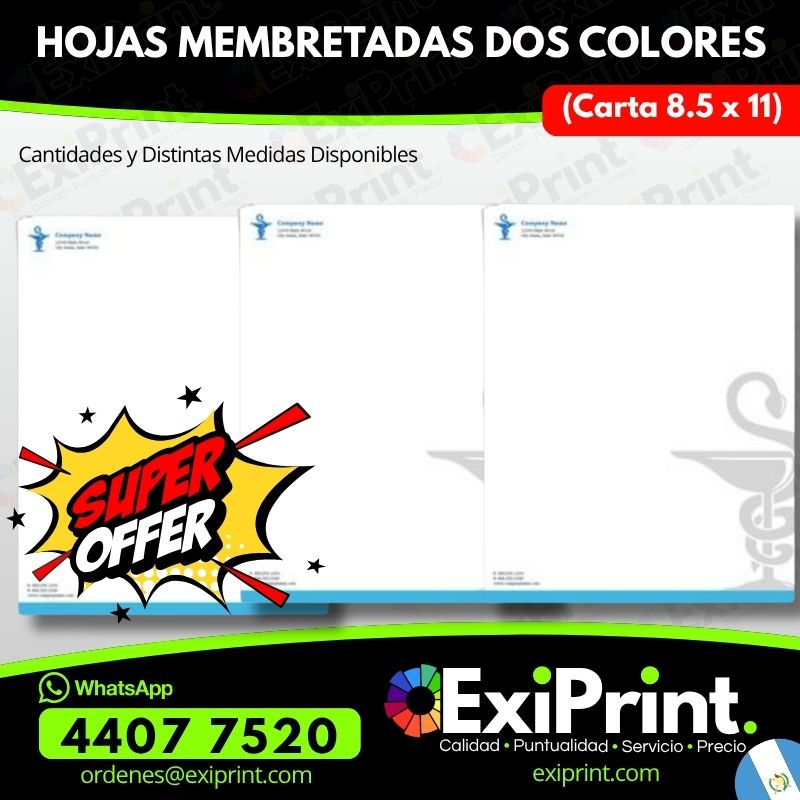 Oferta 500 Hojas Membretadas a dos colores, Bond 80gms y Lino