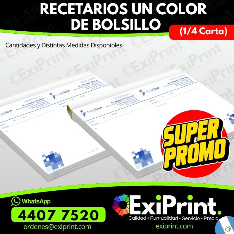 Oferta 500 Recetarios Médicos de Bolsillo, 1 color, un cuarto de carta, 80gms Bond
