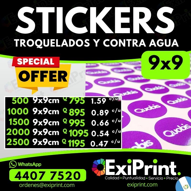Oferta 500 Stickers 9x9 troquelados y contra agua